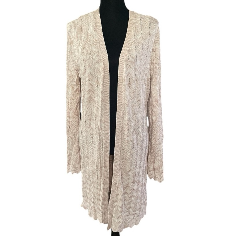WHITE HOUSE BLACK MARKET Chevron Pointelle Beige Open Front Long Cardigan XL